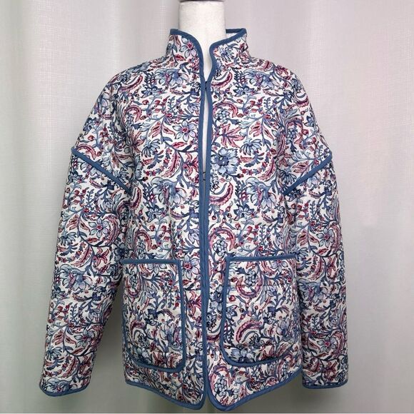 NWT 7 For All Mankind Women's Small Quilted Floral Jacket Light Blue White Red - Picture 1 of 11